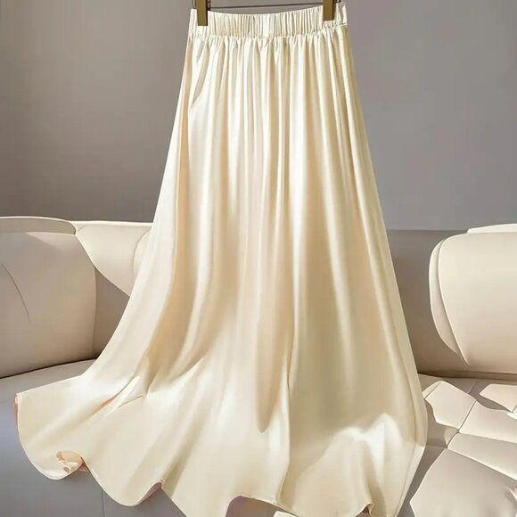 NEW! HIGH WAIST IVORY SATIN MAXI SKIRT SZ L - Picture 2 of 5